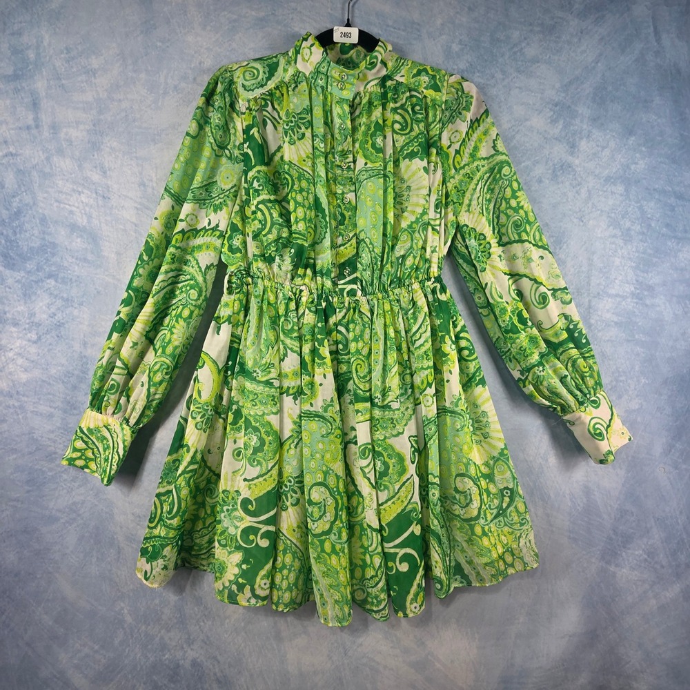 The Clothing Company Green Paisley Mini Dress Mock Neck Long Sleeve Womens Small
